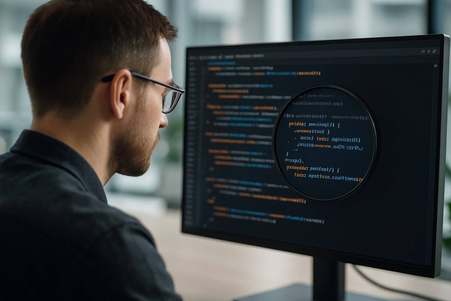 Security engineer reviewing source code for vulnerabilities